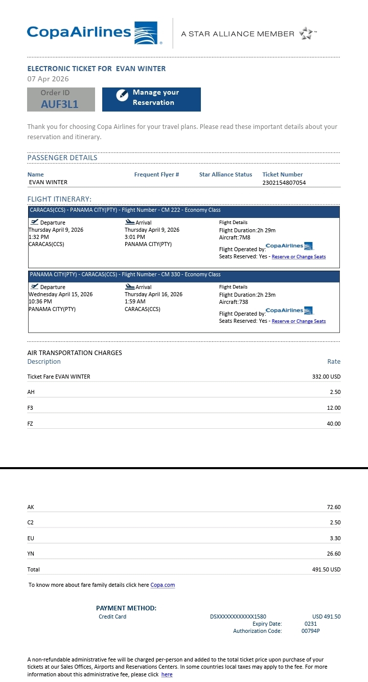 Itinerary Caracas Venezuela to Panama City